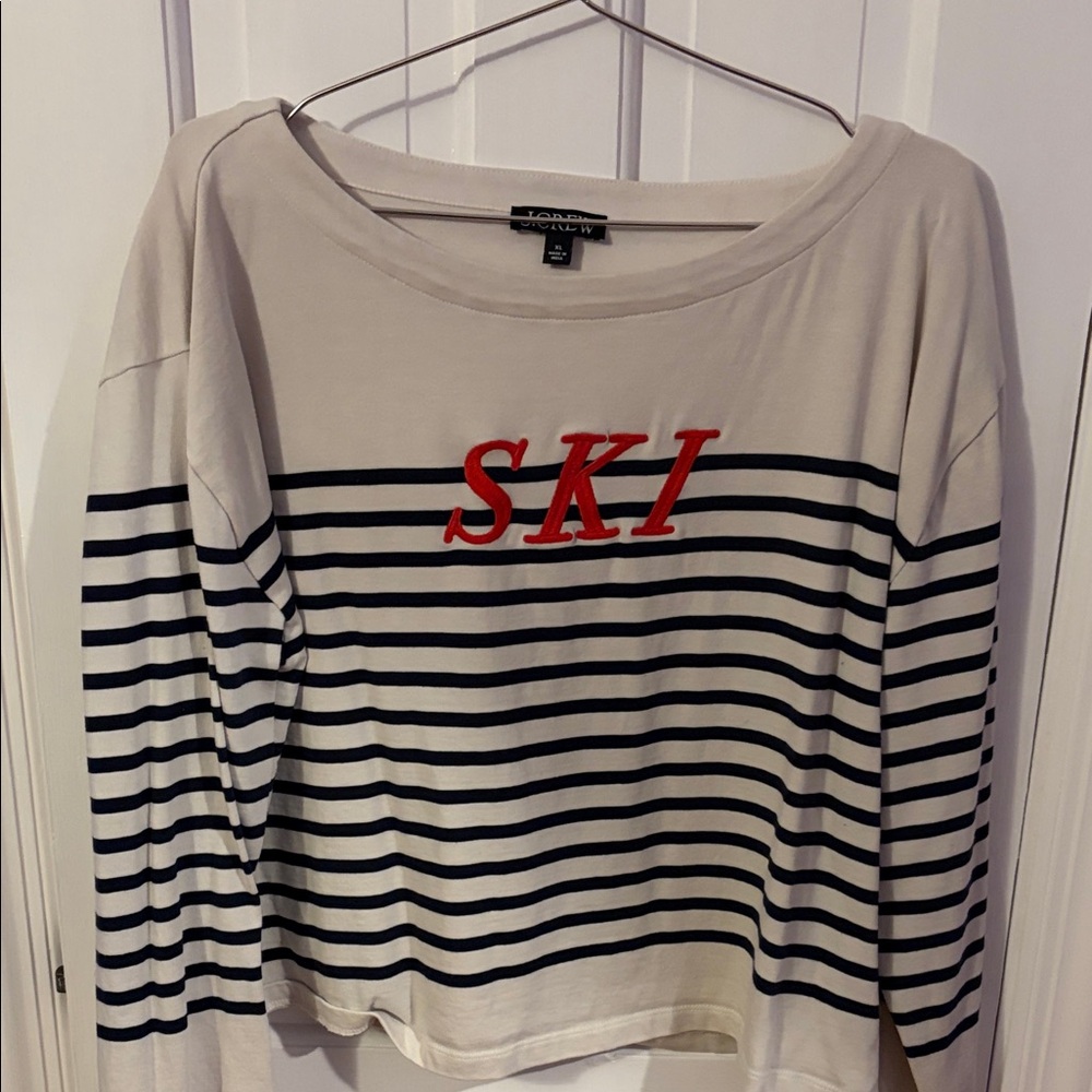 J. Crew Cream and Navy Striped Top with Red 'SKI'